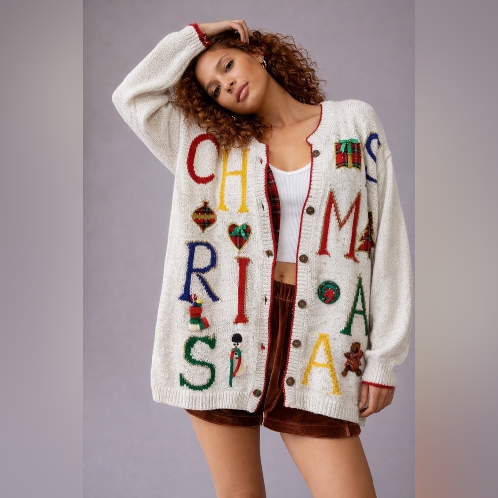 Vintage Talbots Hand Knitted Cardigan Sweater 3D Christmas Holiday 80s 90s